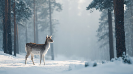 lone reindeer stands gracefully in serene winter forest embodying essence of minimalist christmas celebration in