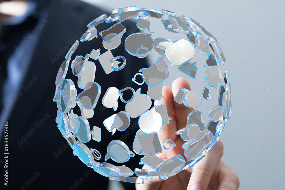 Poster image of a businessman interacting with a digital sphere of speech bubbles, symbolizing global commu
