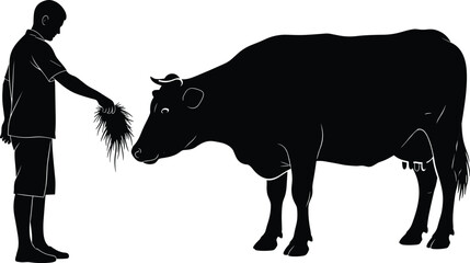 Person feeding cow silhouette, dairy farm scene, livestock care, rural life, hay feeding, black vector, agriculture, human animal interaction