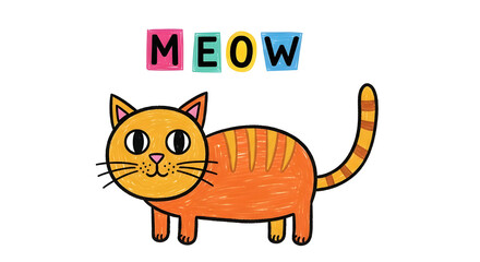 Cute cartoon cat says Meow with colorful letters