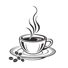 Black silhouette of a hot coffee cup with aromatic steam rising, served on a saucer with beans, in a clean vector illustration style