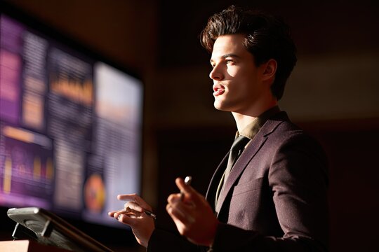 A young man in a suit speaks at a podium, bathed in warm light, with a large screen displaying data charts behind him