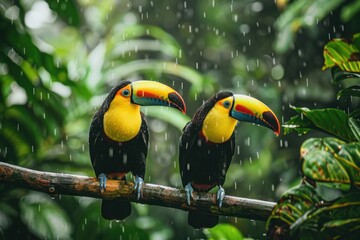 Obraz premium Toucan sitting on the branch in the forest, green vegetation, Costa Rica. Nature travel in central America. Two Keel-billed Toucan, Ramphastos sulfuratus, pair of bird with big bill. Wildlife.