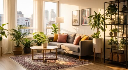 Sunlit living room in an apartment with a sofa, numerous plants, and city views, creating a warm and inviting atmosphere