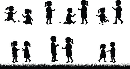 Silhouette, children playing, kids interaction, outdoor activity, grassy ground, childhood moments, vector illustration, black graphic, friendship, active lifestyle