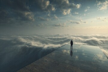 A solitary figure on a platform above swirling clouds