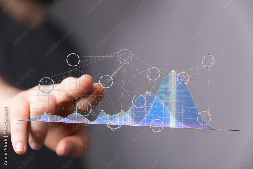 Poster stock photo of a hand interacting with a digital graph showing data analysis and visualization.