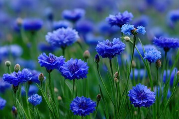 Obraz premium Wonderful blooming of Blue cornflowers on green background.
