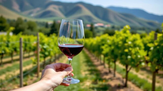 A Taste of Vineyard Bliss: A glass of rich red wine is held aloft, its ruby liquid reflecting the rows of lush grapevines stretching towards the rolling hills.