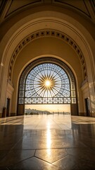 Fototapeta premium Majestic Grand Hall Architectural Marvel Bathed in Golden Sunlight Through a Stained Glass Window