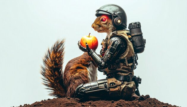 A cybernetic squirrel kneeling with reverence, holding a glowing acorn—evoking themes of memory, preservation, and the sacred fusion of nature and machine.