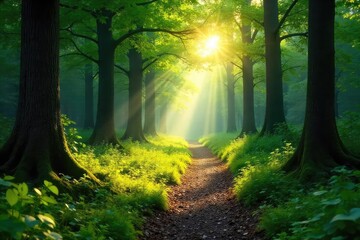 Sun-dappled path winds through lush green forest, sunlight filtering through canopy, creating dappled shadows on the mossy forest floor A tranquil scene of peaceful woodland , nature, ecology, calm
