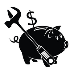 A black silhouette of a piggy bank with a wrench and screwdriver tool, representing financial repair and building savings.