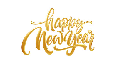 Elegant Golden Happy New Year Calligraphy Illustration on a White Background, Perfect for Celebrations, Events, and Festive Design Projects in a Cheerful and Stylish Theme
