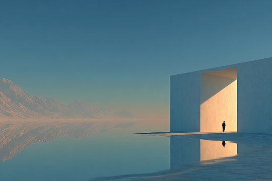 A solitary figure stands before a modern structure overlooking a serene landscape