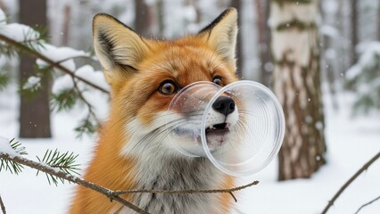 red fox with trash.