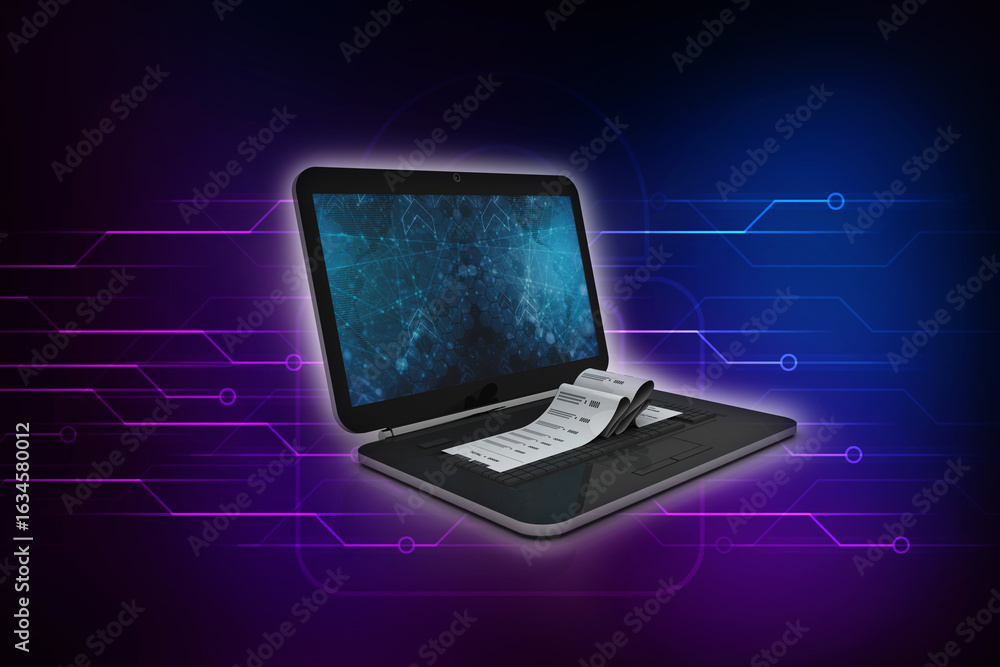 Poster 3d rendering laptop with a stack of documents