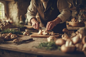 A rustic scene of a man chopping mushrooms