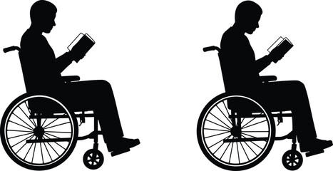 Silhouette, people in wheelchairs, reading books, seated pose, inclusive activity, accessibility concept, vector art, black graphic, intellectual engagement, education theme