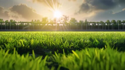 Green grass on the background of sunset, creating an atmosphere of tranquility and nature. Useful for advertising gardening services and relaxation videos.
