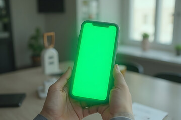 Person Holding Smartphone with Green Screen for App or Website Mockup