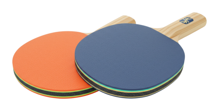Colorful table tennis paddles set with orange and blue designs on wooden handles. Cut out PNG