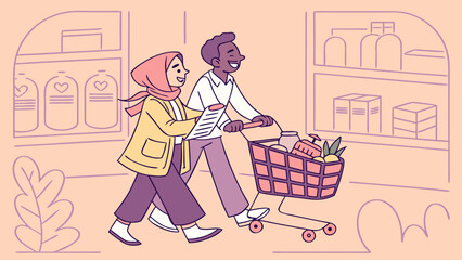 A smiling couple, one wearing a hijab, shops for groceries together, pushing a shopping cart through a store aisle.