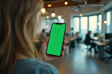 Woman Holding Smartphone with Green Screen in Office Setting