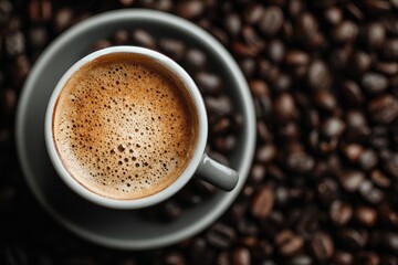 Fototapeta premium Espresso in a gray cup, surrounded by coffee beans (1)