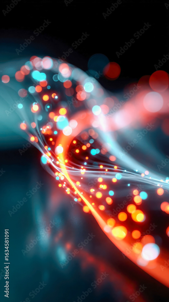 Poster network of glowing red and blue nodes connected by lines, forming a dynamic wave structure