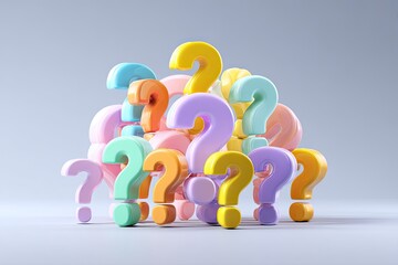 A cluster of colorful question marks on a light gray background