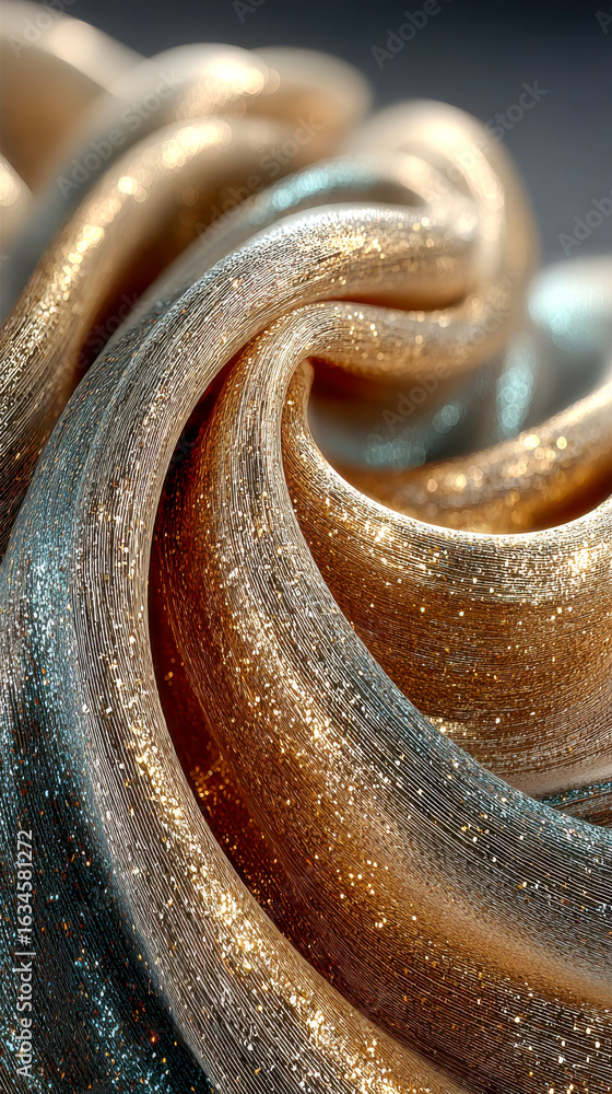 Poster A macro view of shimmering fabric waves illuminated by soft golden sparkles, creating a luxurious and dreamy texture