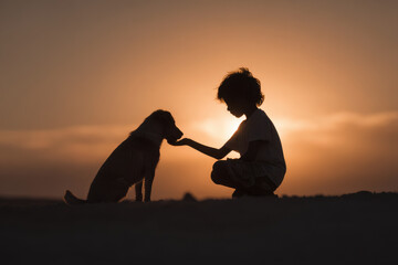 young boy waves goodbye to his beloved dog during heartfelt farewell at sunset