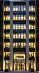 Obraz premium Modern office building facade at night. Lit windows, dark frames