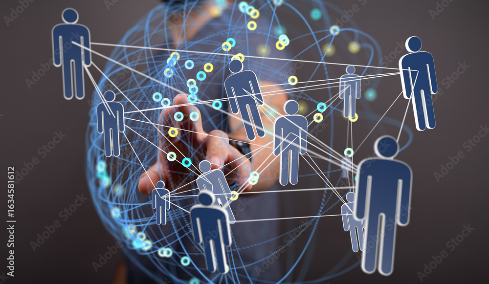 Poster a hand interacts with a digital network, symbolizing global teamwork and connection.
