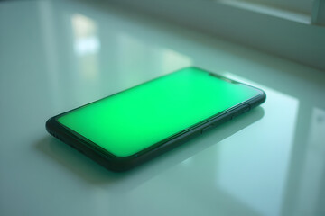 Smartphone with Green Screen Display on a Glossy Surface