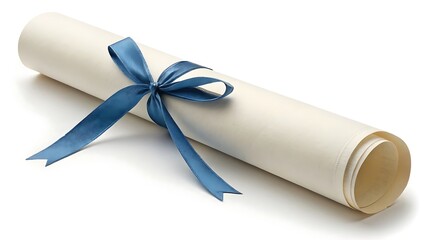 Rolled Parchment Scroll with Elegant Blue Ribbon on White Backdrop, Symbolizing Achievement and Success.