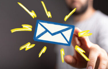 Modern graphic of a hand interacting with an email icon, symbolizing digital communication and...