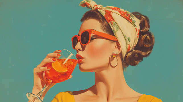 Bold mid century MCM commercial style image of a woman enjoying Aprerol spritz, copy space, 