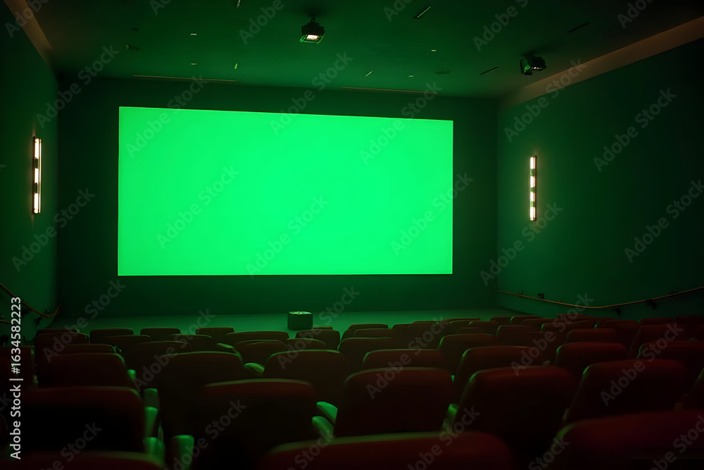 Poster inside cinema displaying green screen with rows of empty seats