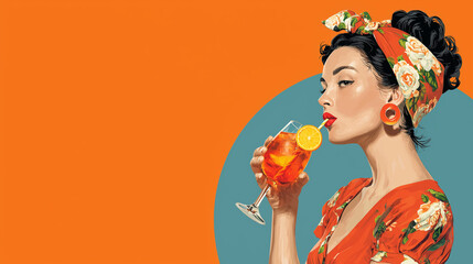 Bold mid century MCM commercial style image of a woman enjoying Aprerol spritz, copy space,  wide horizontal landscape format with copy space 16:9