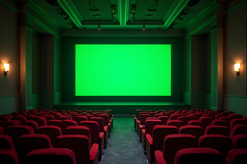 Fototapeta premium Empty Auditorium with Red Seats and Green Screen for Chroma Key