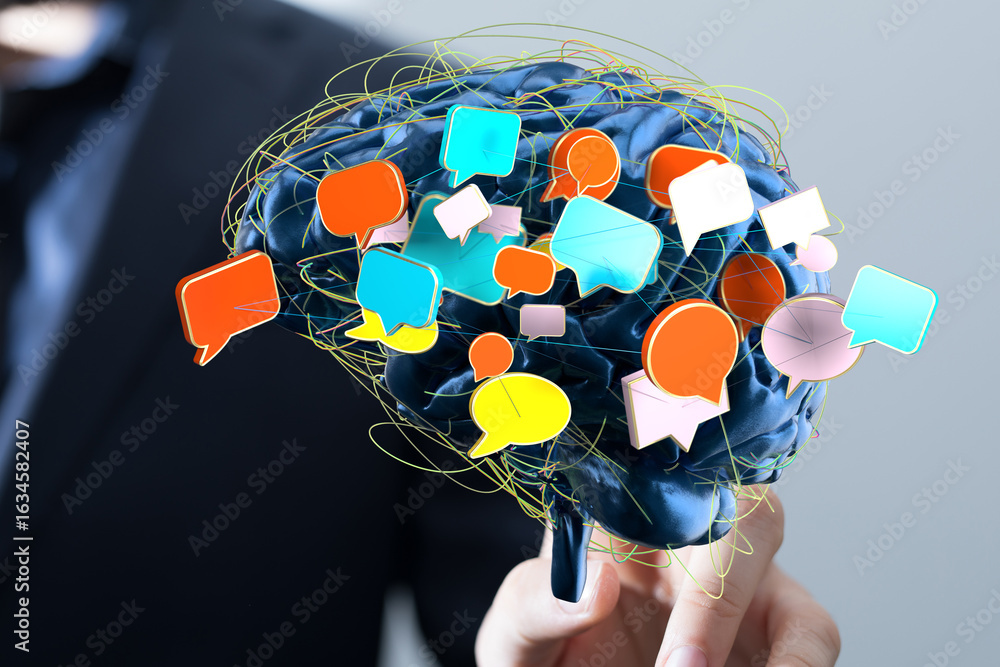 Poster conceptual image of a brain with colorful speech bubbles, representing communication, ideas, and net