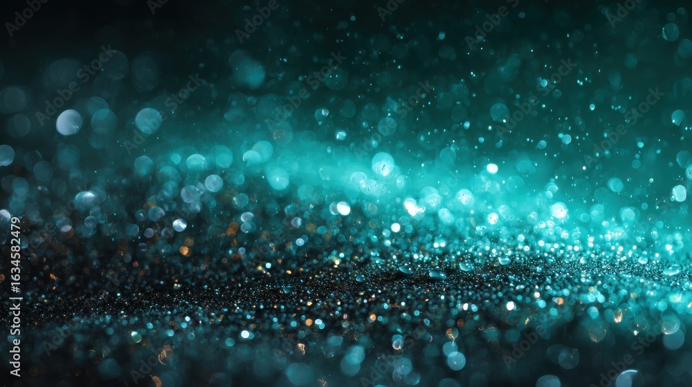 Poster glimmering teal sparkles on a dark background in abstract design
