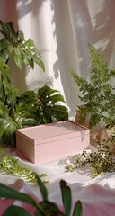 Pink box surrounded by greenery in soft light