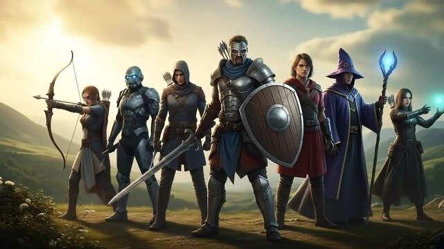 A diverse group of fantasy adventurers, featuring warriors and mages, stands ready for an epic quest in a mystical landscape.