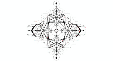 Abstract Geometric Vector Pattern with Symmetrical Lines Circles and Technical Design Style in Black White Colors