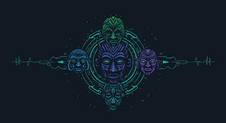 Vector Illustration of Tribal Masks with Futuristic Style and Neon Colors in Circular Composition