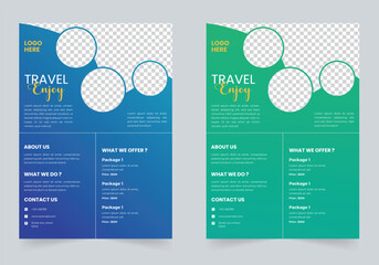 Travel agency flyer template with photo placeholders blue and green variants