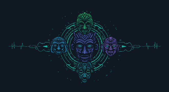 Vector Illustration of Tribal Masks with Futuristic Style and Neon Colors in Circular Composition
